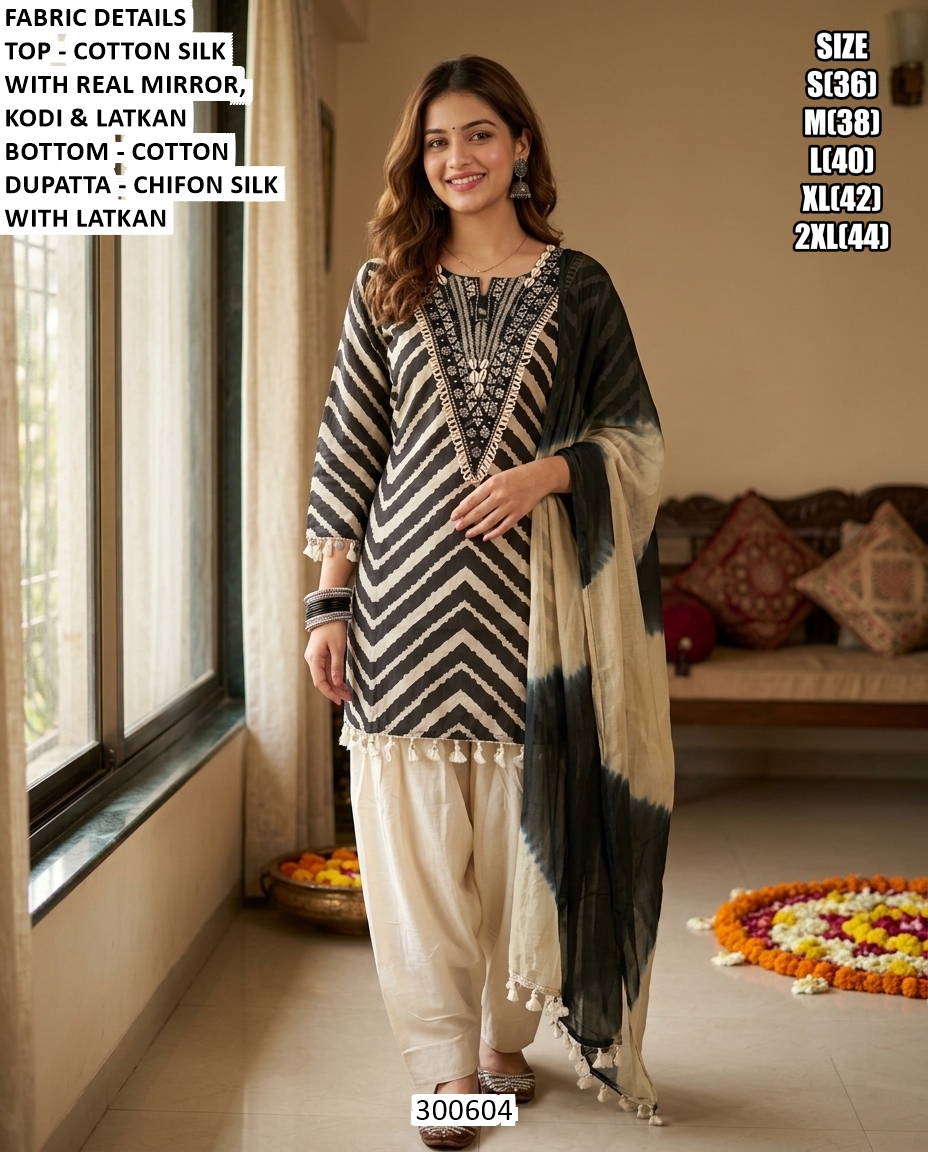 Black beige chevron cotton silk salwar suit