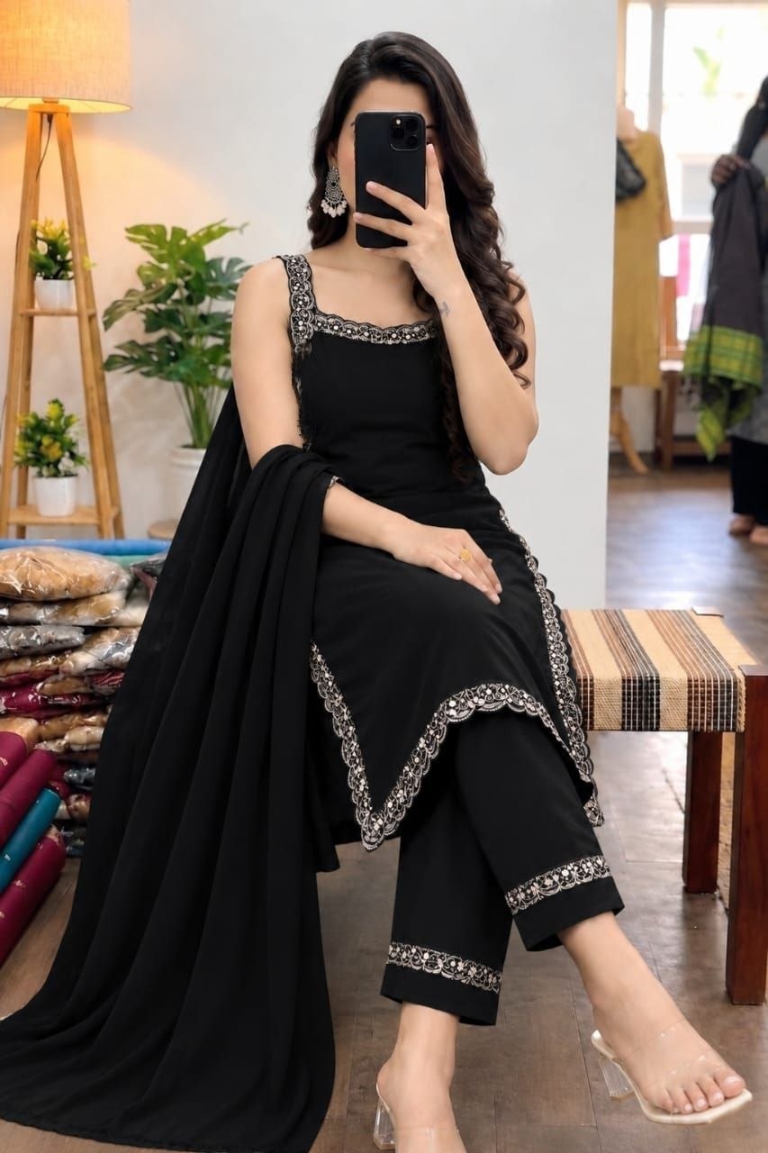 Black embroidered sleeveless salwar suit