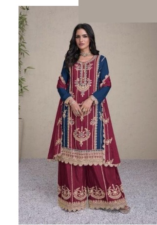 Burgundy embroidered navy-panel sharara suit