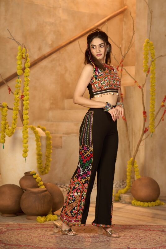 Black ribbed embroidered co-ord set