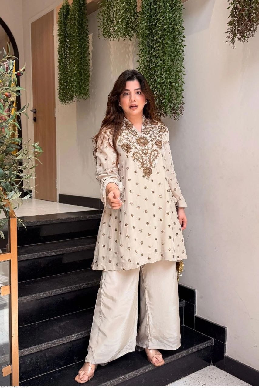 Cream glass silk embroidered co-ord set