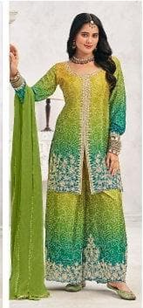 Yellow-green ombre printed palazzo suit