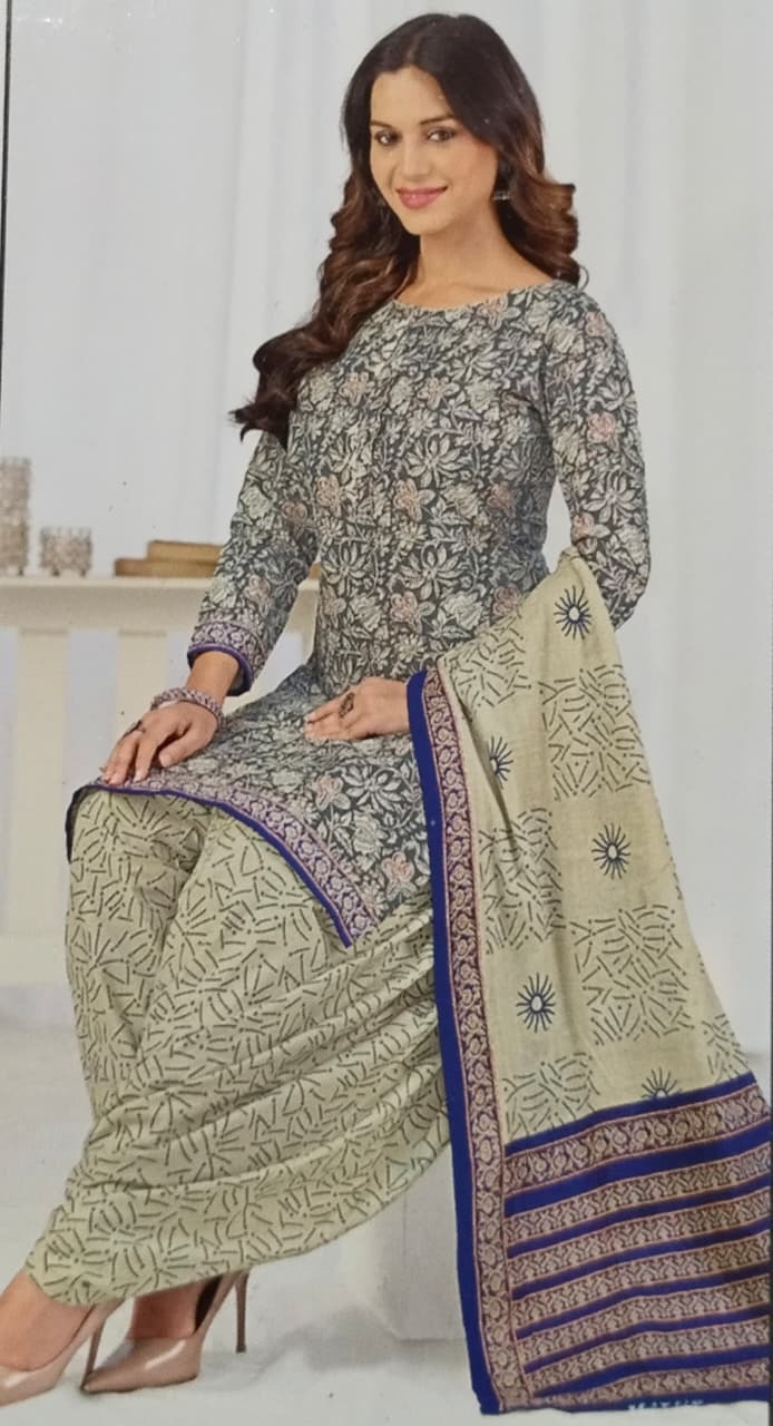 Grey floral Patiala suit blue border