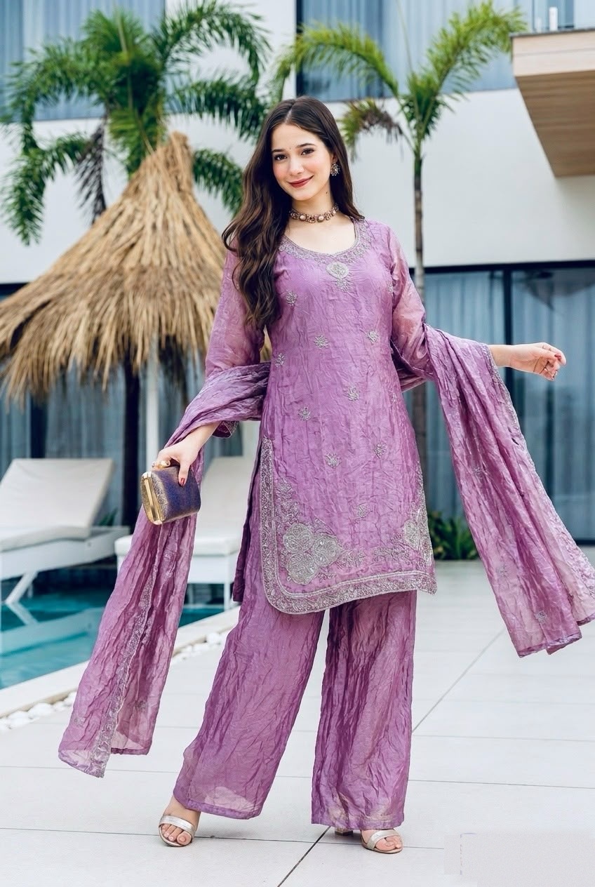 Lilac embroidered Fandy-Satin salwar suit