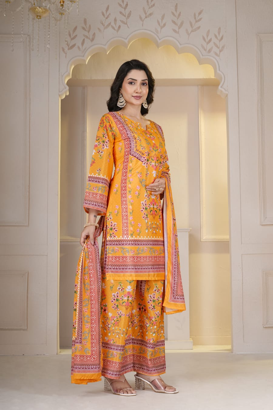 Mustard yellow Heavy French digital-print salwar suit