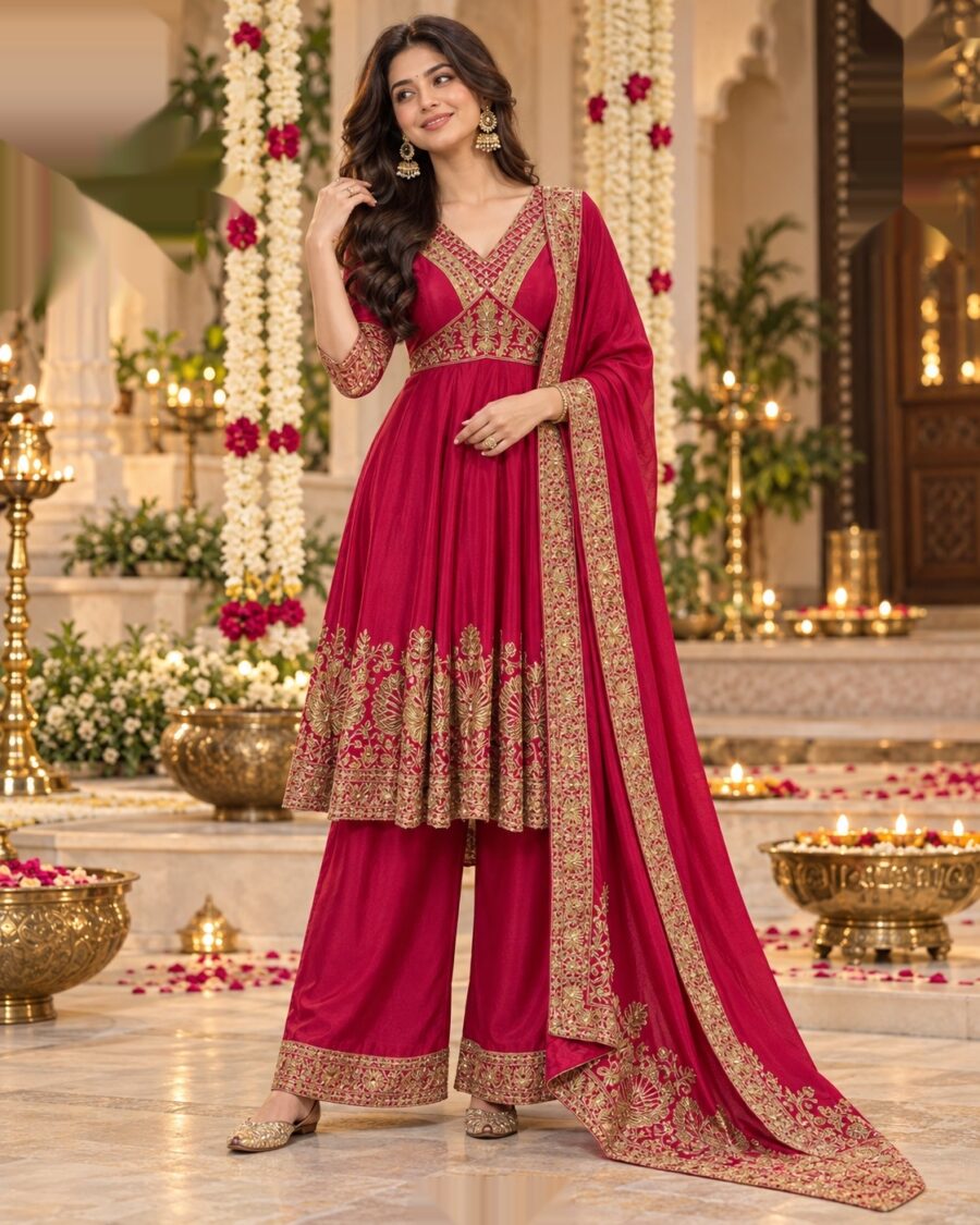 Magenta chinon embroidered Anarkali palazzo suit