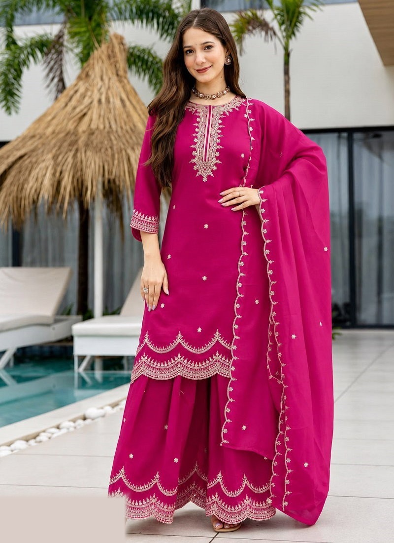 Magenta embroidered scalloped palazzo suit