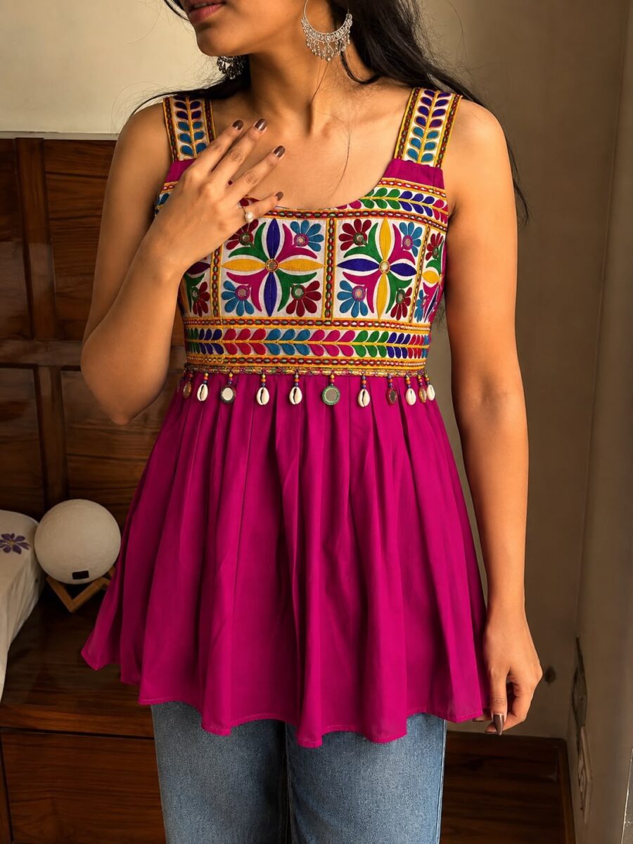 Magenta Gamthi embroidered sleeveless peplum top