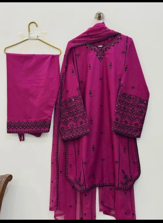 Magenta rayon cotton embroidered suit set