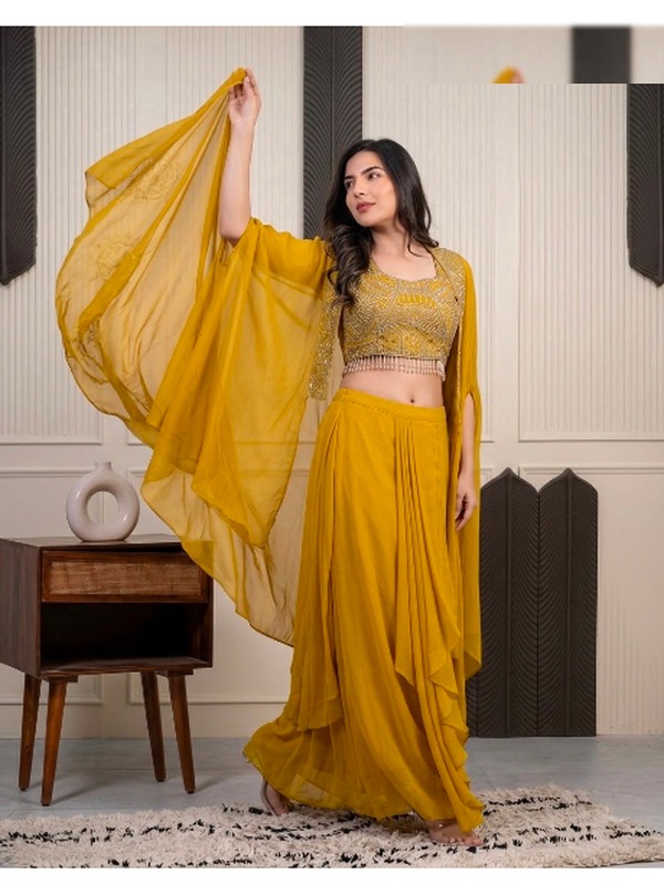 Mustard embroidered draped lehenga cape set