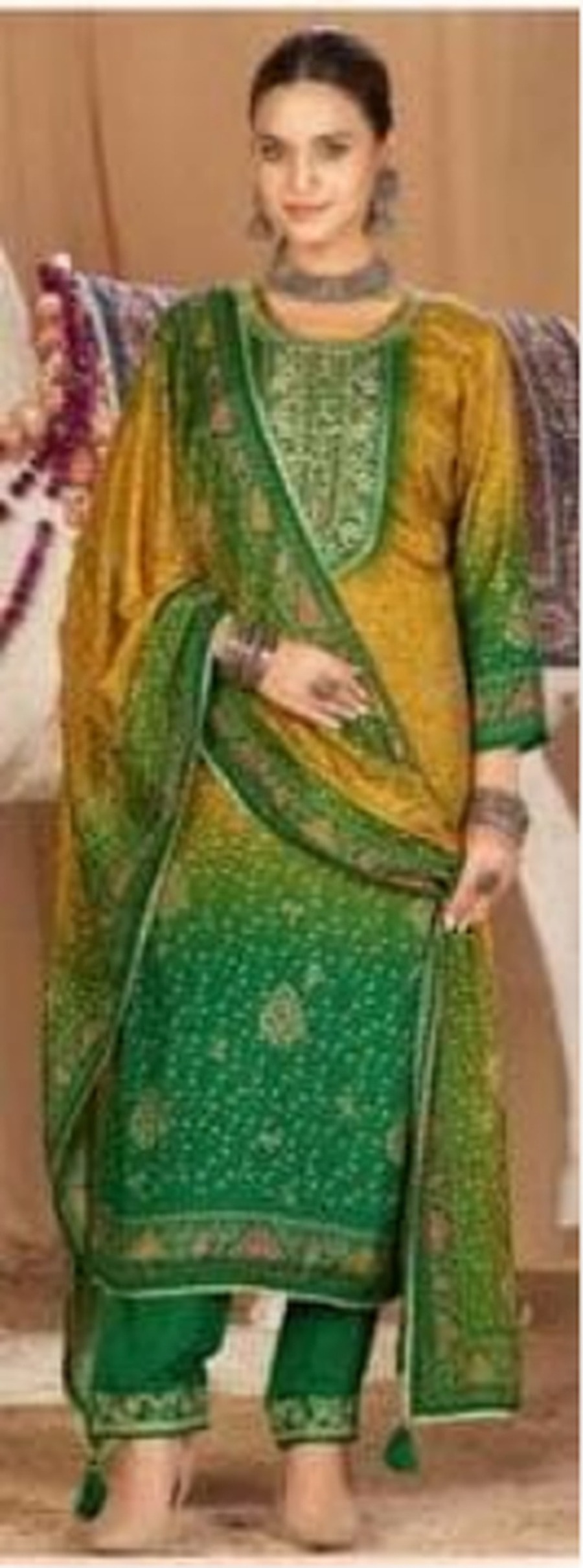 Mustard green ombre muslin kurti with bottom and dupatta