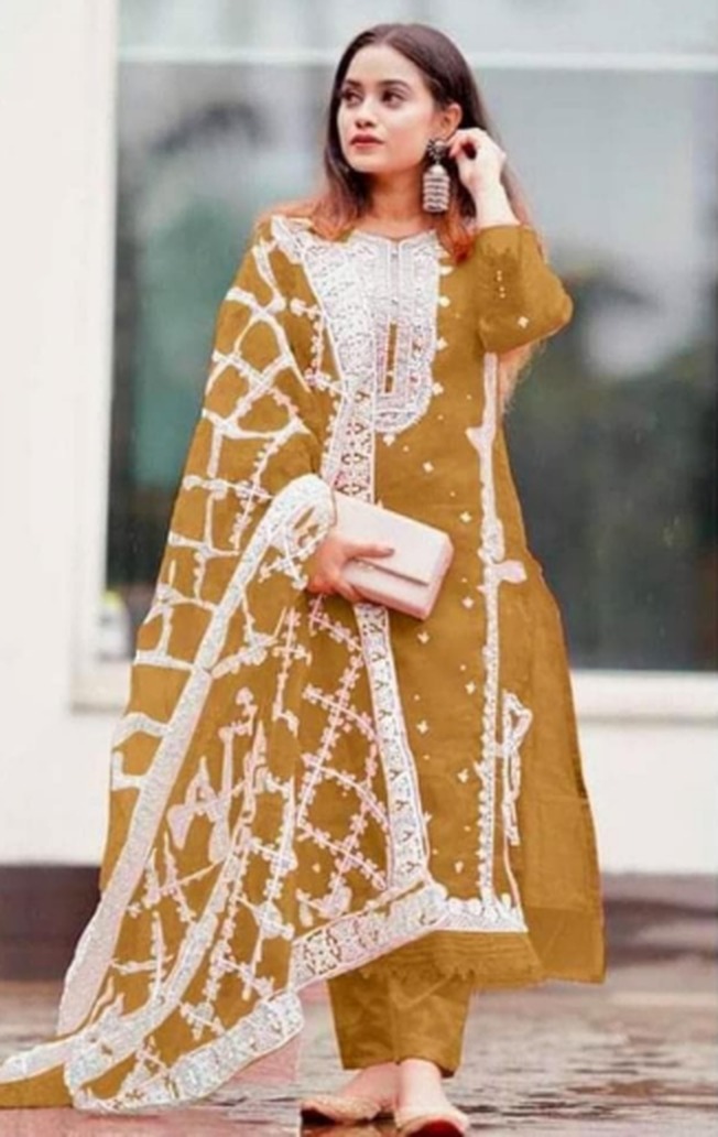 Mustard printed salwar suit cream geometric dupatta