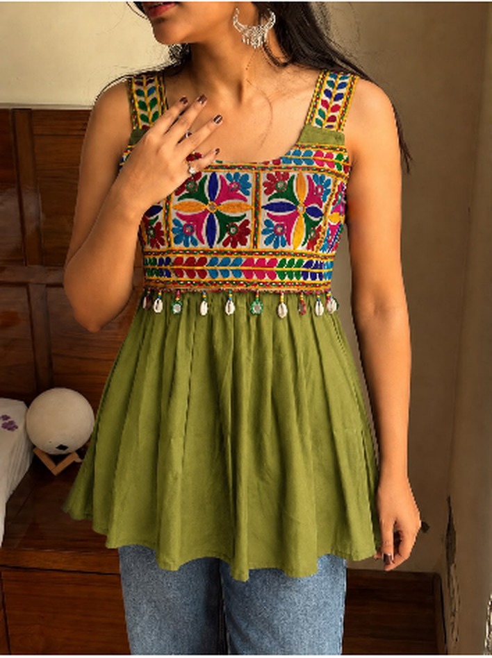 Olive green Gamthi embroidered sleeveless peplum top