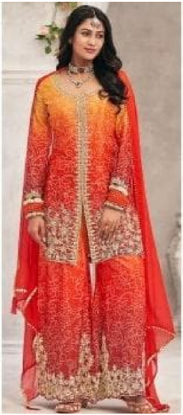 Orange-red ombre embroidered palazzo suit