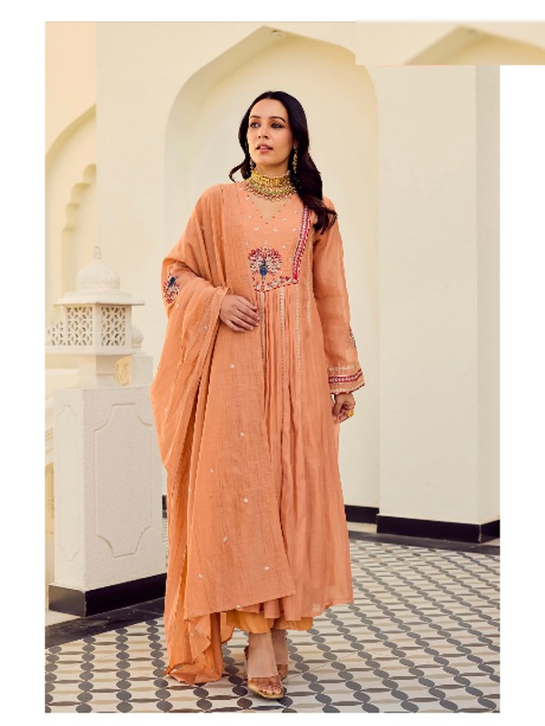 Peach embroidered Anarkali salwar suit