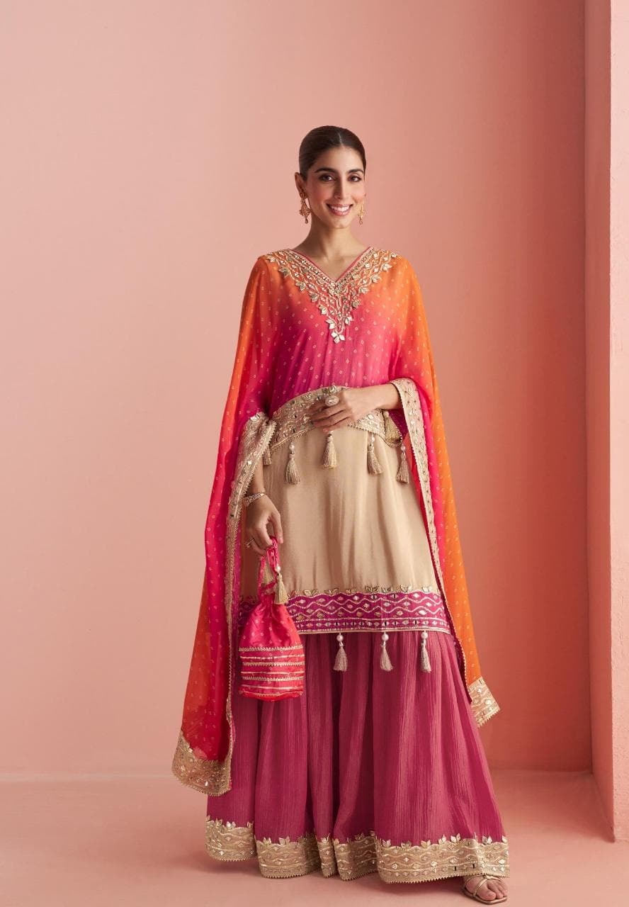 Pink embroidered pauncho kaftan sharara suit