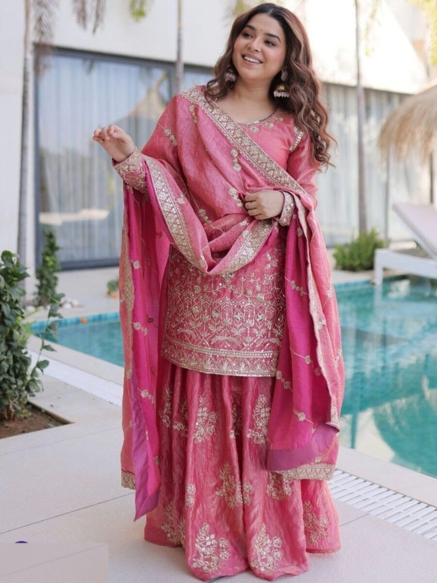 Pink embroidered sharara suit
