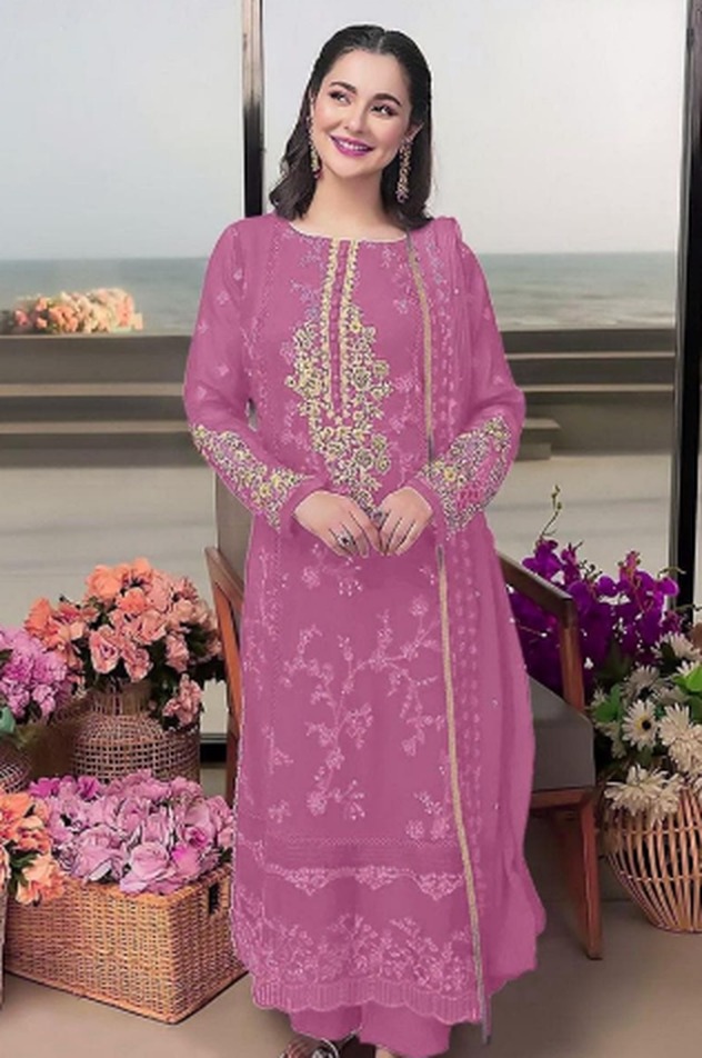 Pink magenta floral embroidered salwar suit