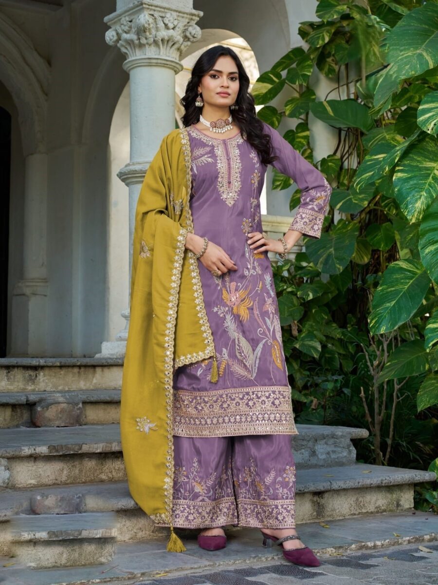 Purple embroidered salwar suit with mustard dupatta