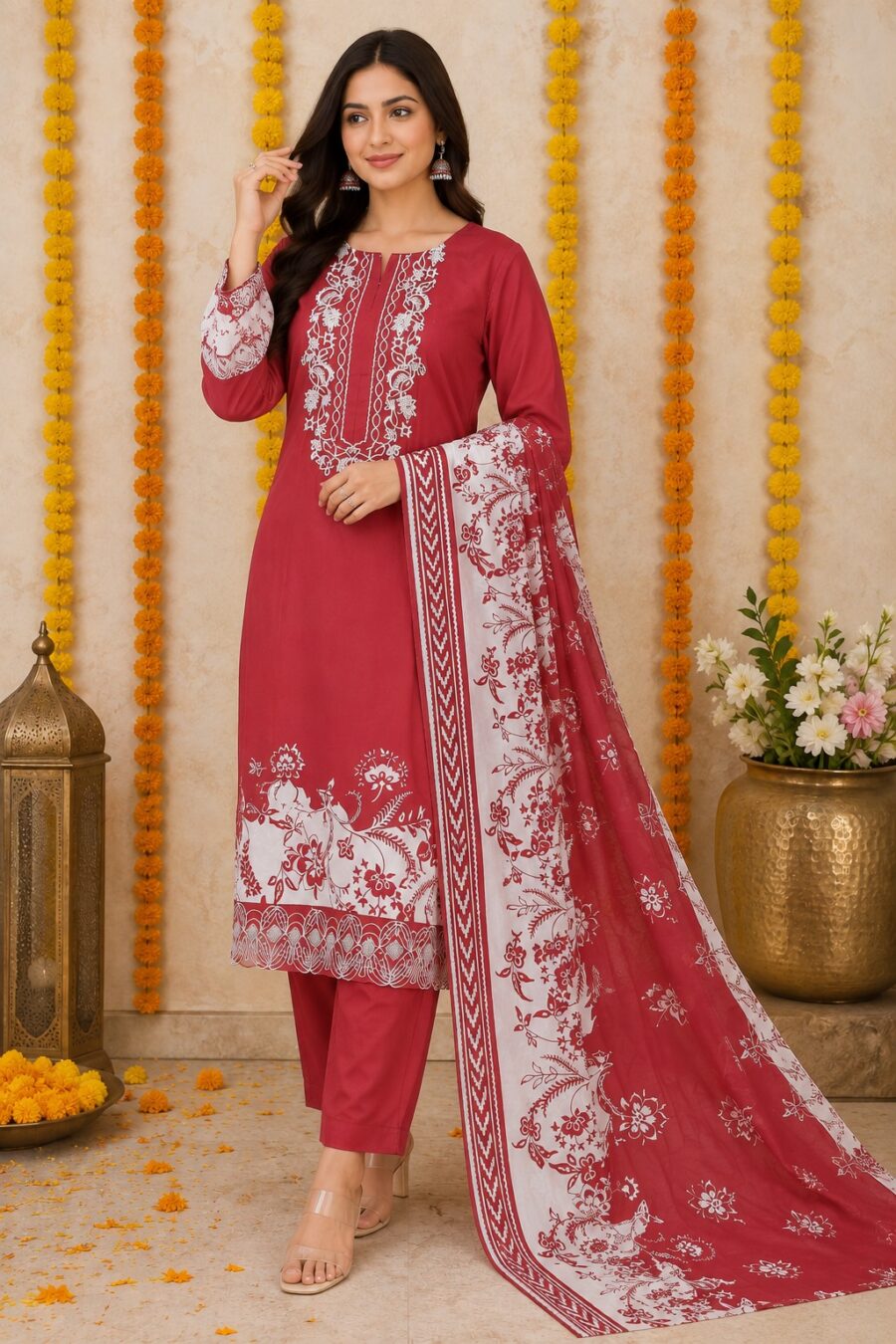 Red heavy-cotton embroidered salwar suit