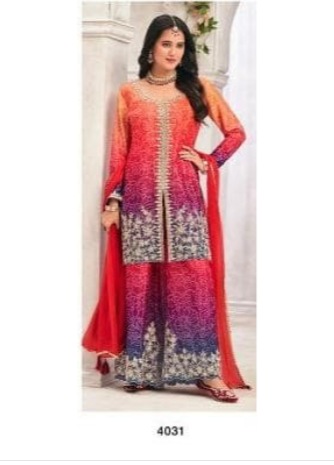 Red-purple gradient embroidered palazzo suit
