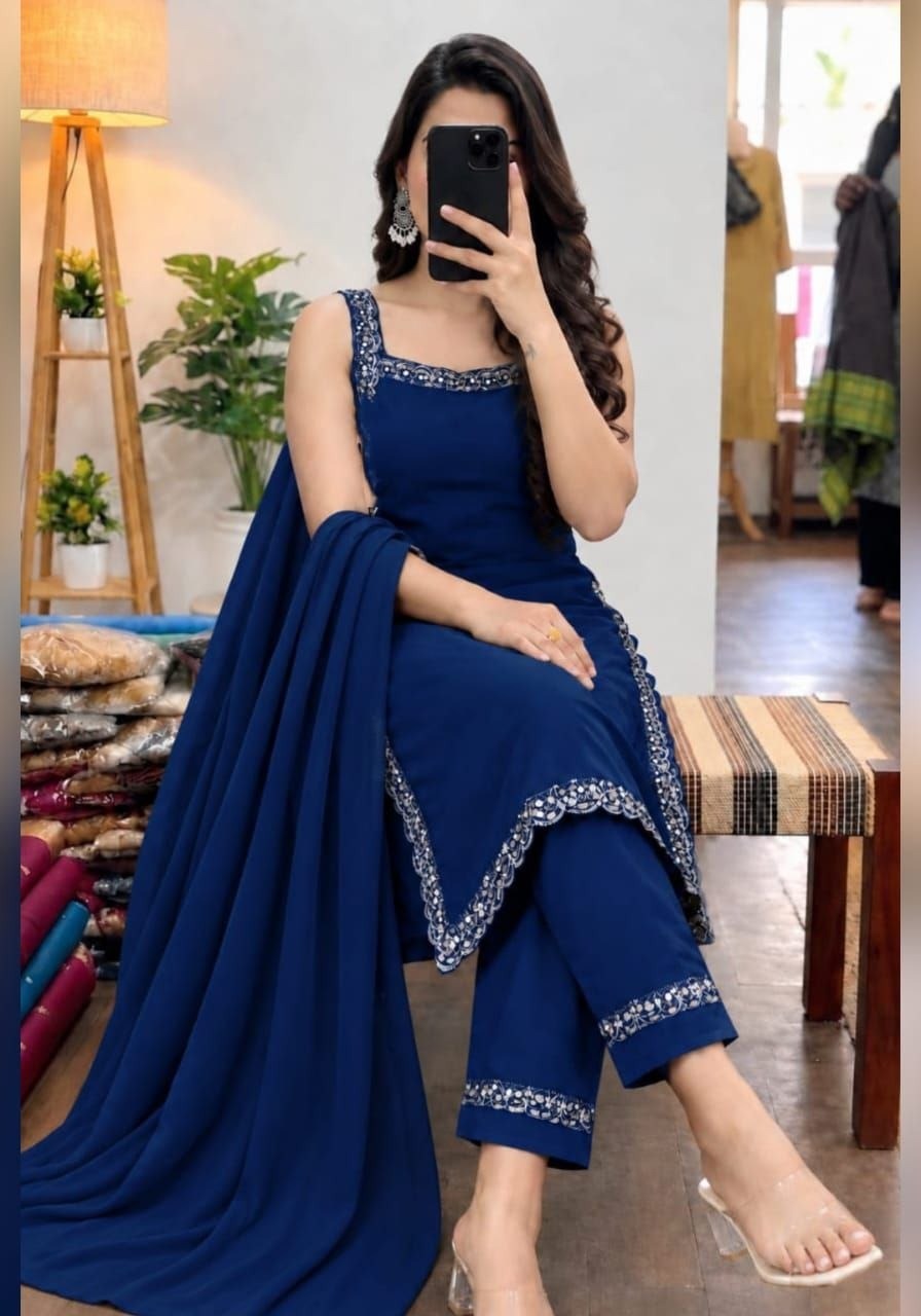 Royal blue embroidered sleeveless salwar suit