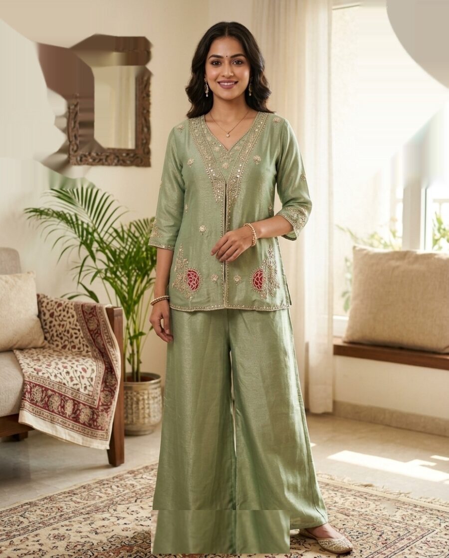 Sage green Simar silk embroidered plazo suit
