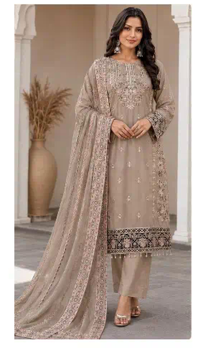 Taupe embroidered salwar suit contrast border