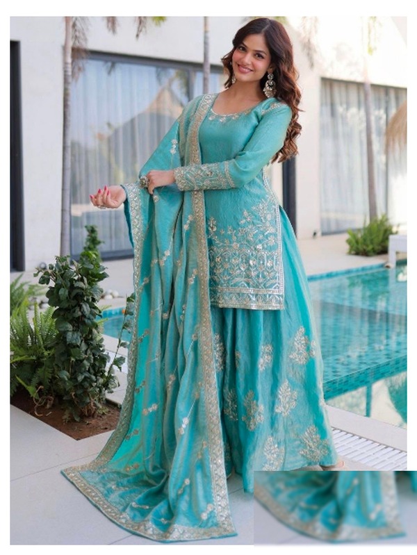 Teal embroidered sharara suit