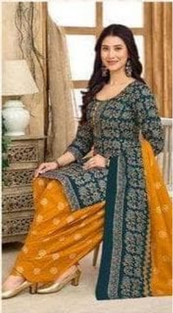 Teal floral printed mustard Patiala salwar suit