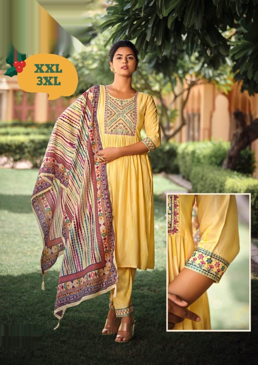 Yellow embroidered salwar suit with multicolored dupatta