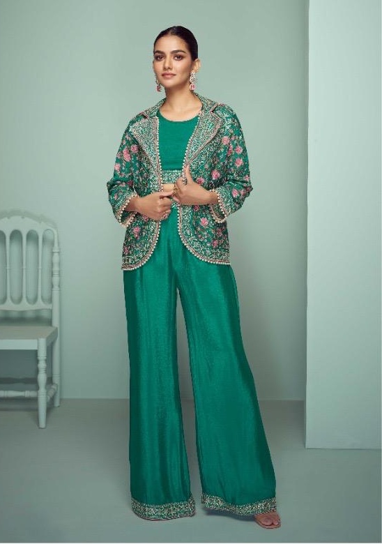 Emerald embroidered Real Chinon jacket co-ord set