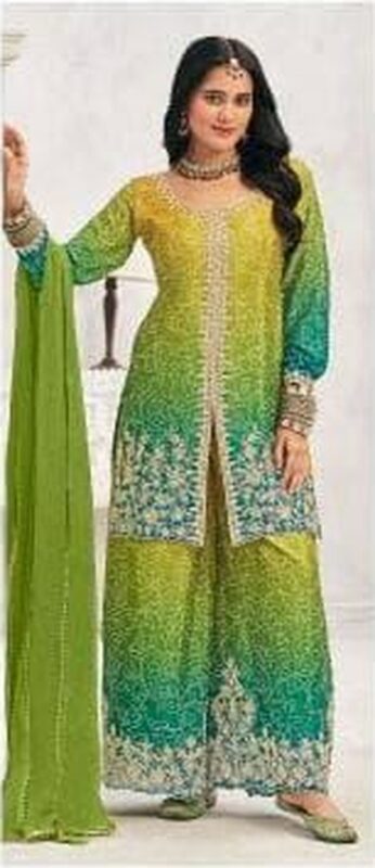 Lime green & teal ombre embroidered palazzo suit
