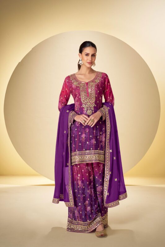 Magenta & purple ombre Real Chinon embroidered palazzo suit