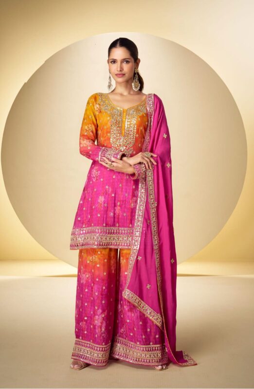 Orange & pink ombre Real Chinon embroidered palazzo suit