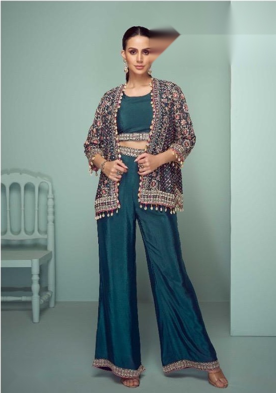 Teal embroidered Real Chinon jacket co-ord set